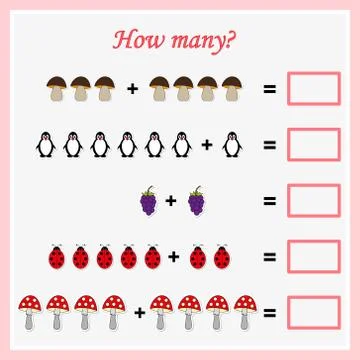 Worksheet. Mathematical puzzle game. Learning mathematics, tasks for addition Stock Illustration