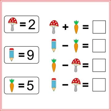 Worksheet. Mathematical puzzle game. Learning mathematics, tasks for addition Stock Illustration
