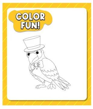 Worksheets template with color fun! text and parrot outline Illustrazione stock