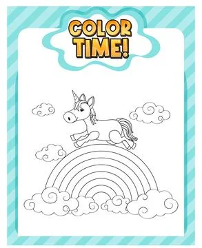Worksheets template with color time! text and rainbow with Unicorn outline Stock Illustration
