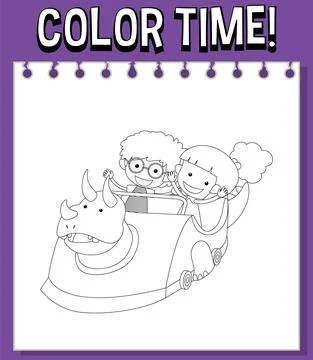 Worksheets template with color time! text and kids with plane roller coaster  Illustrazione stock
