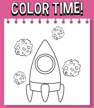 Worksheets template with color time! text and rocket outline Stock Illustration