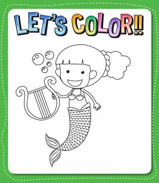 Worksheets template with lets color text and mermaid outline Stock Illustration