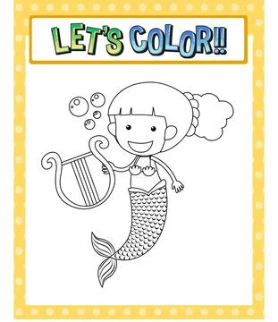 Worksheets template with lets color text and mermaid outline Stock Illustration