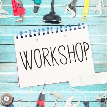 Workshop against tools and notepad on wooden background Stock Illustration