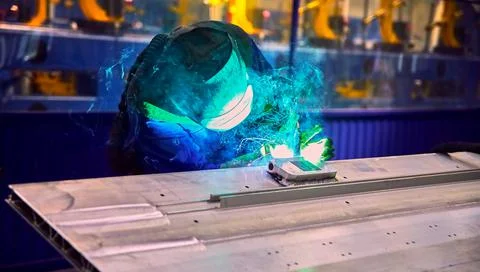 Workshop for assembling metal frames for subway cars, trams and trains. Stock Photos