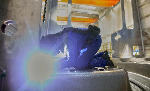 Workshop for assembling metal frames for subway cars, trams and trains. Stock Photos