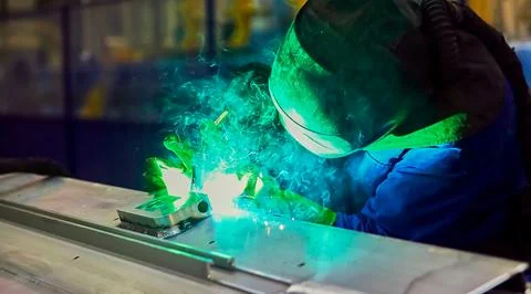 Workshop for assembling metal frames for subway cars, trams and trains. Stock Photos