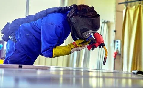 Workshop for assembling metal frames for subway cars, trams and trains. Stock Photos