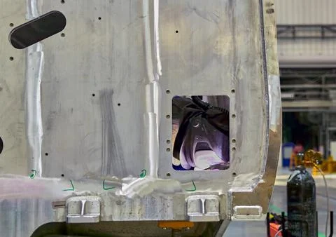 Workshop for assembling metal frames for subway cars, trams and trains. Stock Photos