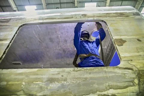 Workshop for assembling metal frames for subway cars, trams and trains. Stock Photos