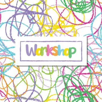 Workshop banner typography background, label, crayon scribble design Illustrazione stock