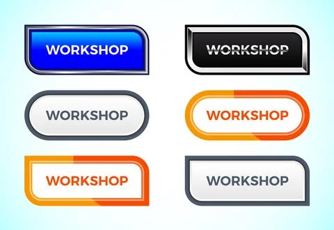 Workshop button set of different shapes and colors. Suitable for mobile app.. Stock Illustration
