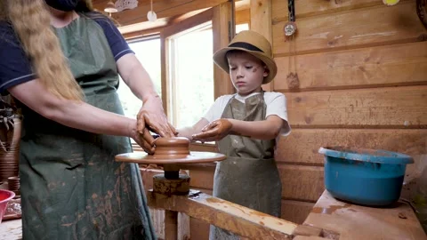 Workshop clay sculpting child learn craft kid art education. Ceramic artist kid Stock Footage 158862701