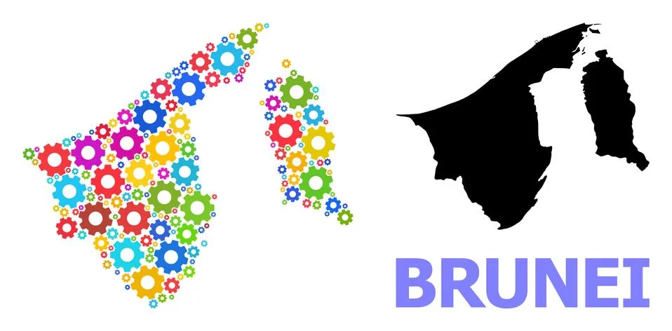Workshop Collage Map of Brunei with Multi-Colored Gears Stock Illustration