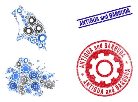Workshop Collage Vector Antigua and Barbuda Map and Grunge Stamps Stock Illustration