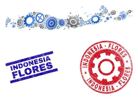 Workshop Collage Vector Flores Islands of Indonesia Map and Grunge Stamps Stock Illustration