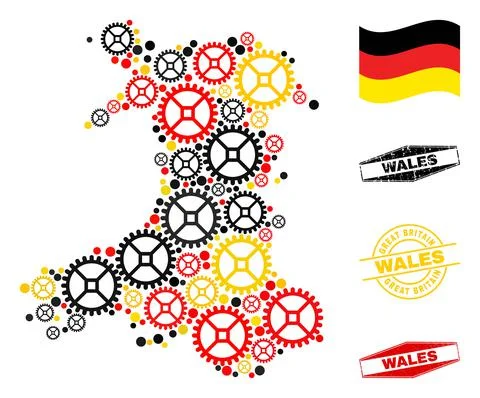 Workshop Collage Wales Map in German Flag Colors and Grunge Seals Stock Illustration
