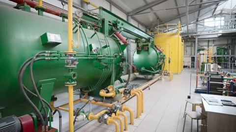 A workshop with a complex chemical process. Tanks and pipelines. Stock Footage 168729295