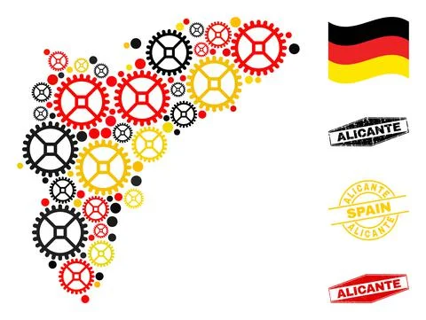 Workshop Composition Alicante Province Map in German Flag Colors and Grunge Stock Illustration