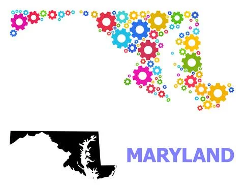 Workshop Composition Map of Maryland State with Bright Cogs Stock Illustration