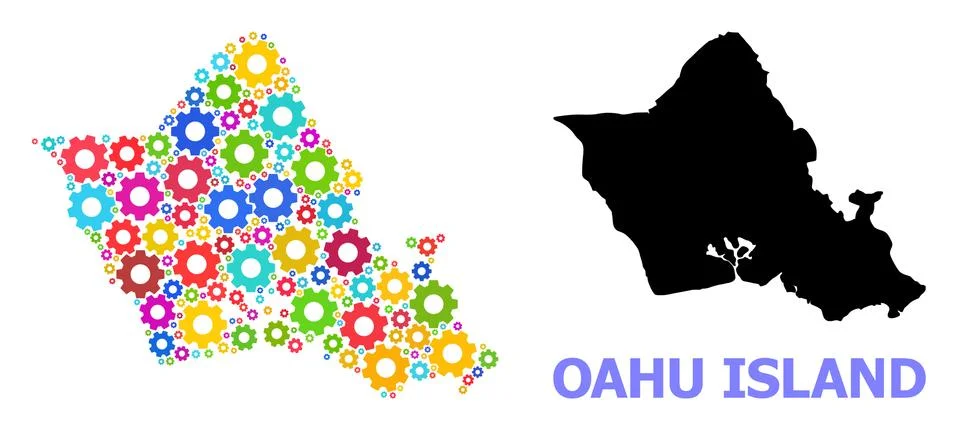 Workshop Composition Map of Oahu Island of Colorful Gears Stock Illustration