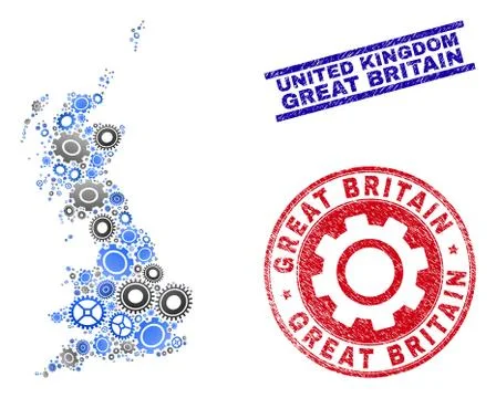 Workshop Composition Vector Great Britain Map and Grunge Stamps Stock Illustration