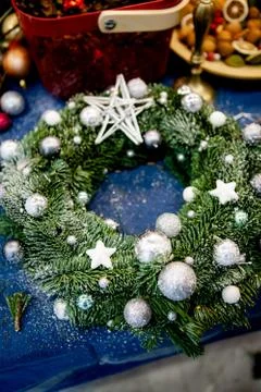 Workshop on creating a Christmas wreath. Elements for the decoration of the w Stock Photos