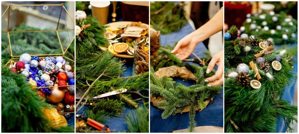 Workshop on creating a Christmas wreath. Elements for the decoration of the w Stock Photos