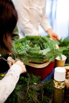 Workshop on creating a Christmas wreath. Elements for the decoration of the w Stock Photos
