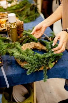 Workshop on creating a Christmas wreath. Elements for the decoration of the w Stock Photos