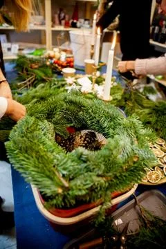 Workshop on creating a Christmas wreath. Elements for the decoration of the w Stock Photos
