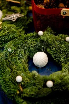 Workshop on creating a Christmas wreath. Elements for the decoration of the w Stock Photos
