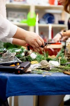 Workshop on creating a Christmas wreath. Elements for the decoration of the w Stock Photos