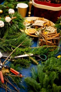 Workshop on creating a Christmas wreath. Elements for the decoration of the w Stock Photos
