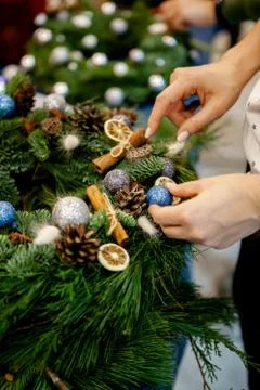 Workshop on creating a Christmas wreath. Elements for the decoration of the w Stock Photos