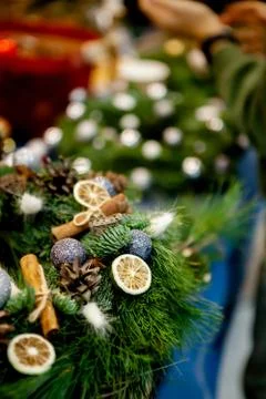 Workshop on creating a Christmas wreath. Elements for the decoration of the w Stock Photos