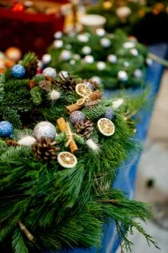 Workshop on creating a Christmas wreath. Elements for the decoration of the w Stock Photos