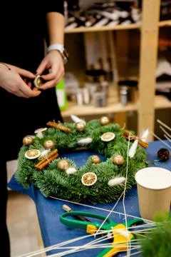 Workshop on creating a Christmas wreath. Elements for the decoration of the w Stock Photos