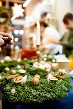 Workshop on creating a Christmas wreath. Elements for the decoration of the w Stock Photos