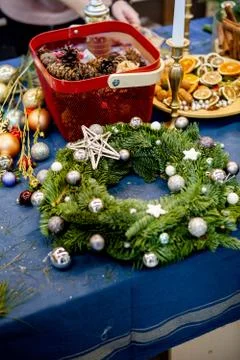 Workshop on creating a Christmas wreath. Elements for the decoration of the w Stock Photos