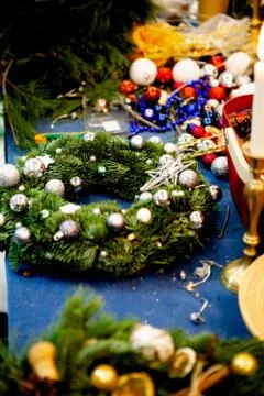 Workshop on creating a Christmas wreath. Elements for the decoration of the w Stock Photos