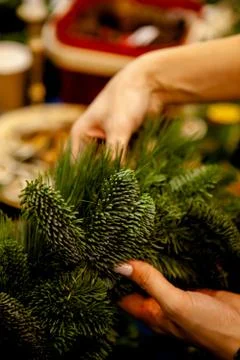 Workshop on creating a Christmas wreath. Stock Photos
