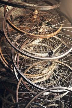 Workshop, empty and wheels of bicycle in shop for repair, mechanic service .. Stock Photos