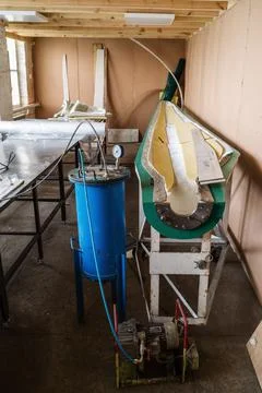 Workshop with equipment for making wind generator blades Stock Photos