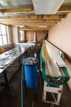 Workshop with equipment for making wind generator blades Stock Photos