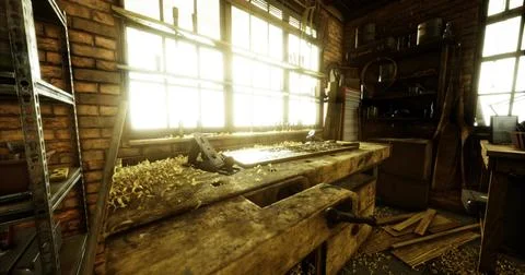 Workshop filled with sunlight and wood shavings at golden hour Stock Illustration
