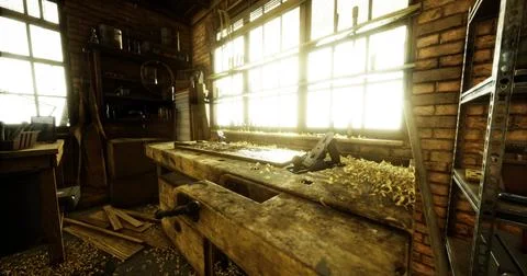 Workshop filled with sunlight highlighting tools and wood shavings Stock Illustration