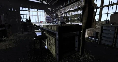 Workshop filled with tools and materials at daylight in a rustic setting 库存插图