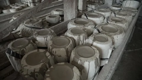 Workshop. Forms for making pottery are on the shelves. Slow panorama forward Video stock 130526502